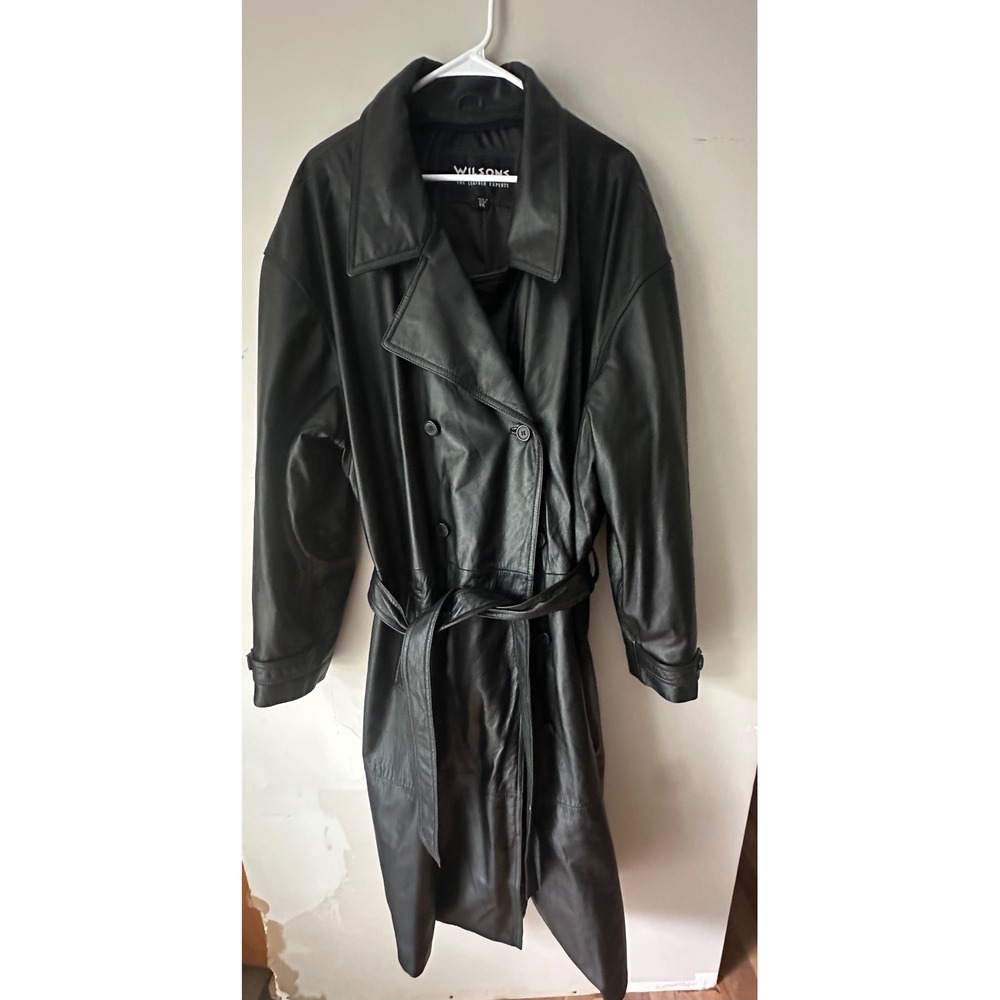 VTG Wilsons Leather Trench Coat Mens XXL Black Double Breasted  Belted Jacket